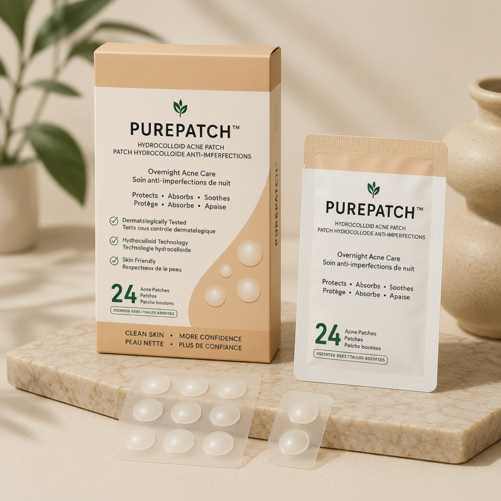 PUREPATCH packaging produit sur marbre beige