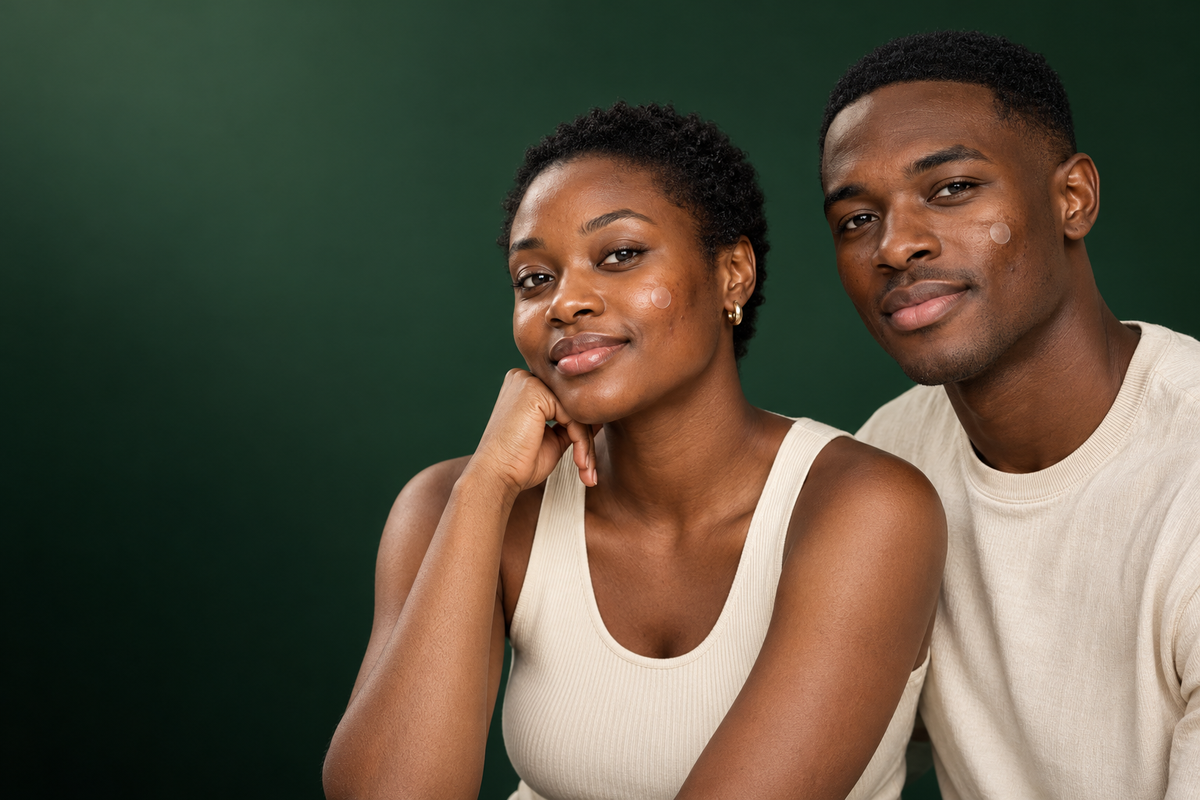Une femme et un homme portant chacun un patch sur la joue, sur fond vert profond.
